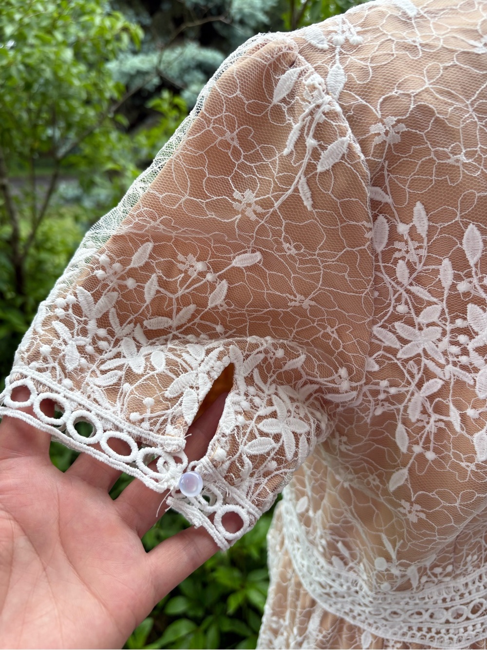 Delicate Beige Lace-Overlay Midi Dress - Picture 4 of 9